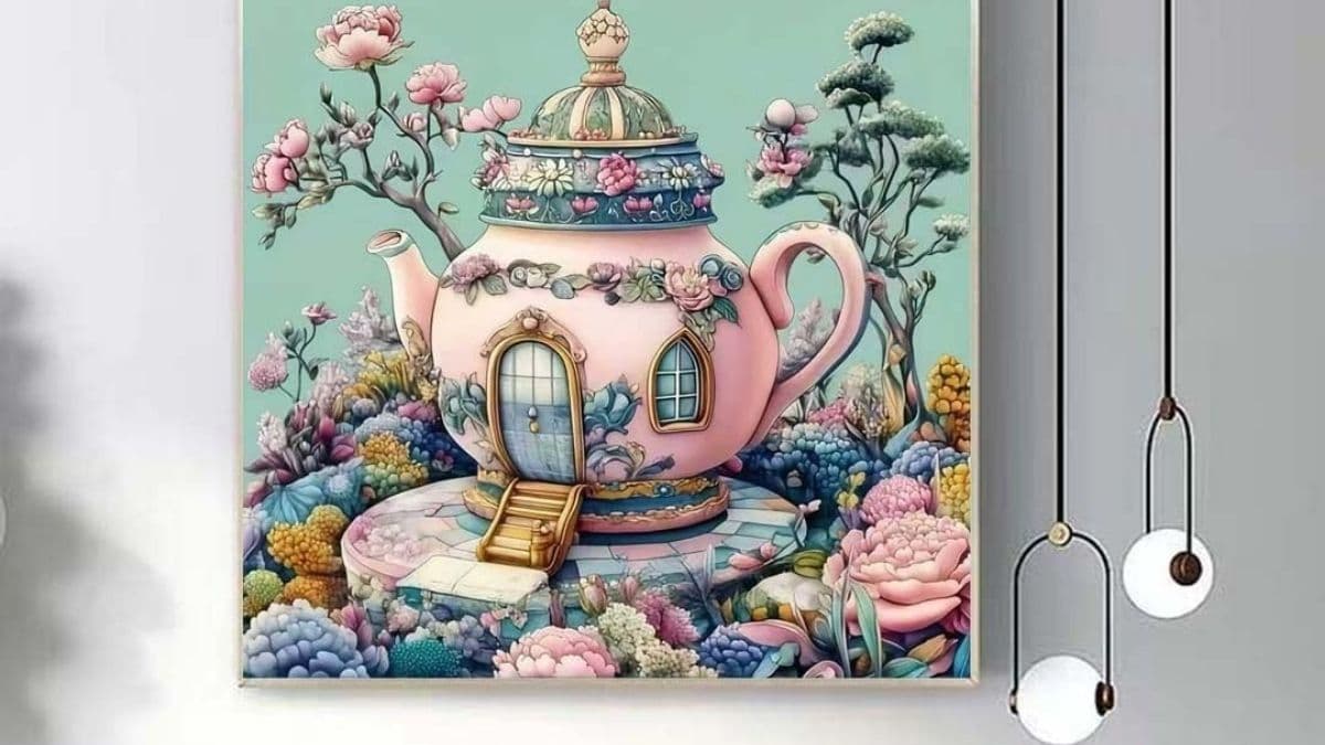 How does the OJTOYART Teapot Castle Diamond Art Kit turn a simple craft session into relaxing wall art? 