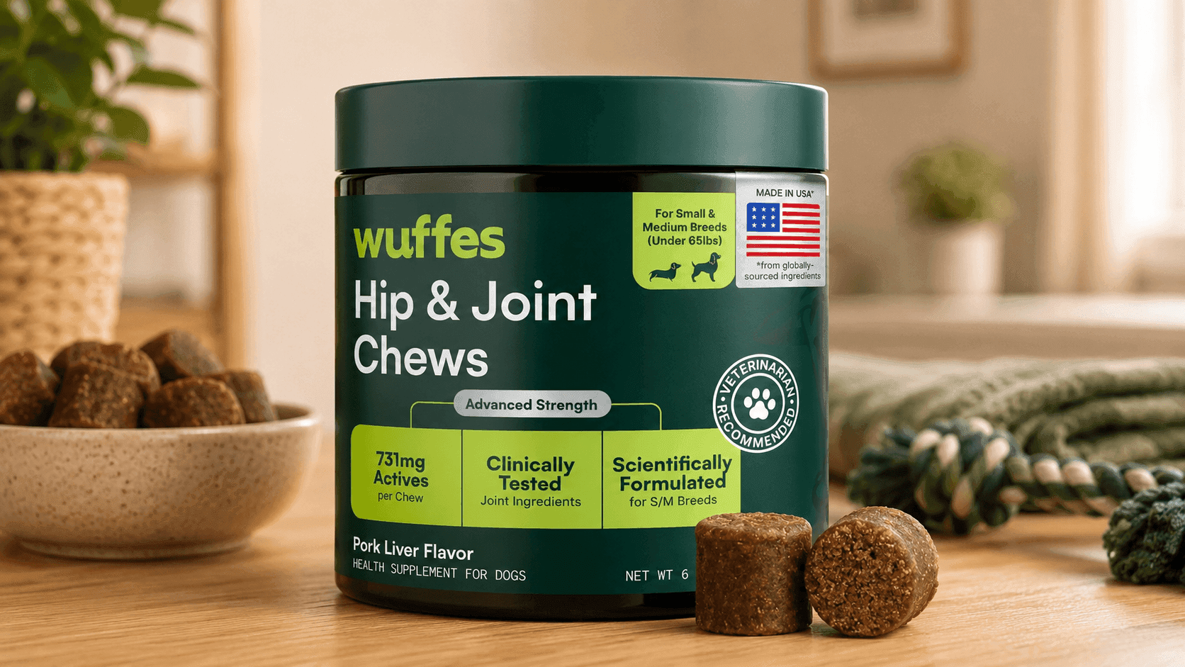 Senior golden retriever enjoying Wuffes Advanced Dog Hip and Joint Supplement soft chew indoors