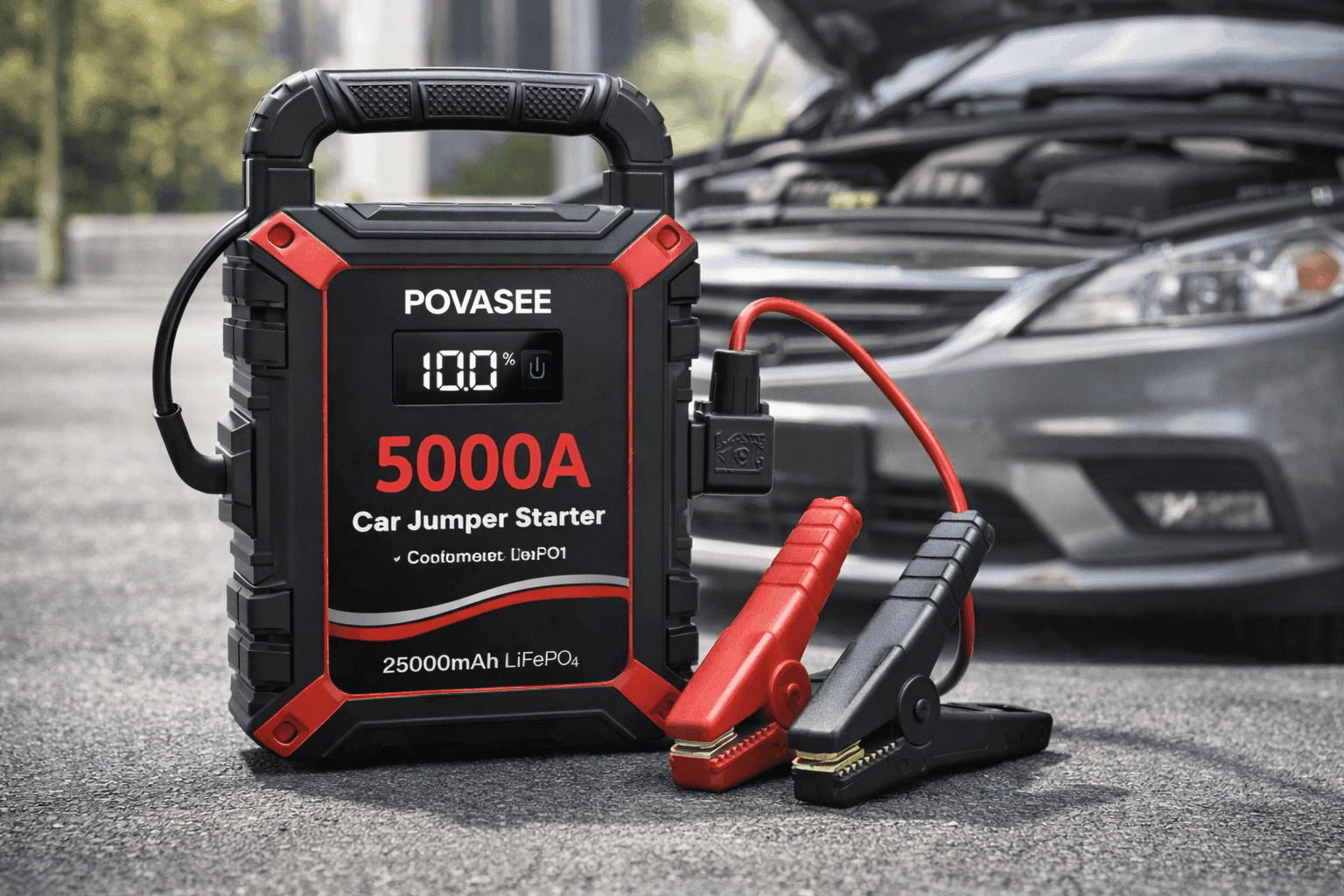 Povasee 5000A portable car jump starter with digital display and jumper clamps placed in front of a car with the hood open, ready for emergency battery boost.