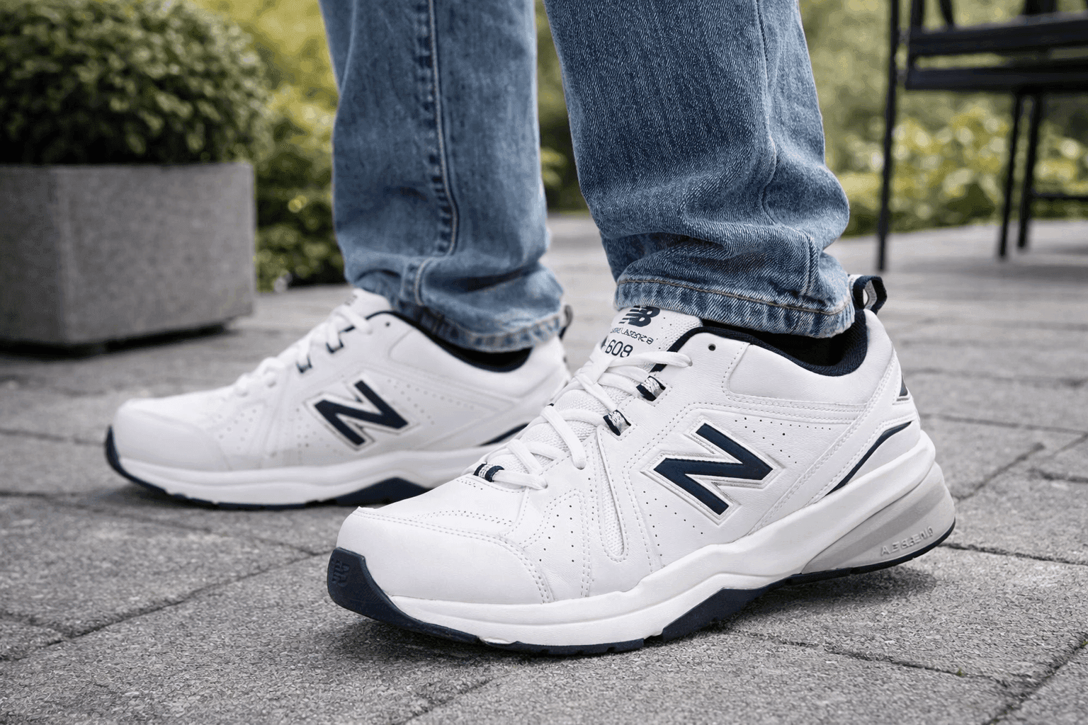 New Balance Men’s 608 V5 Casual Comfort Cross Trainer worn with jeans on outdoor pavement